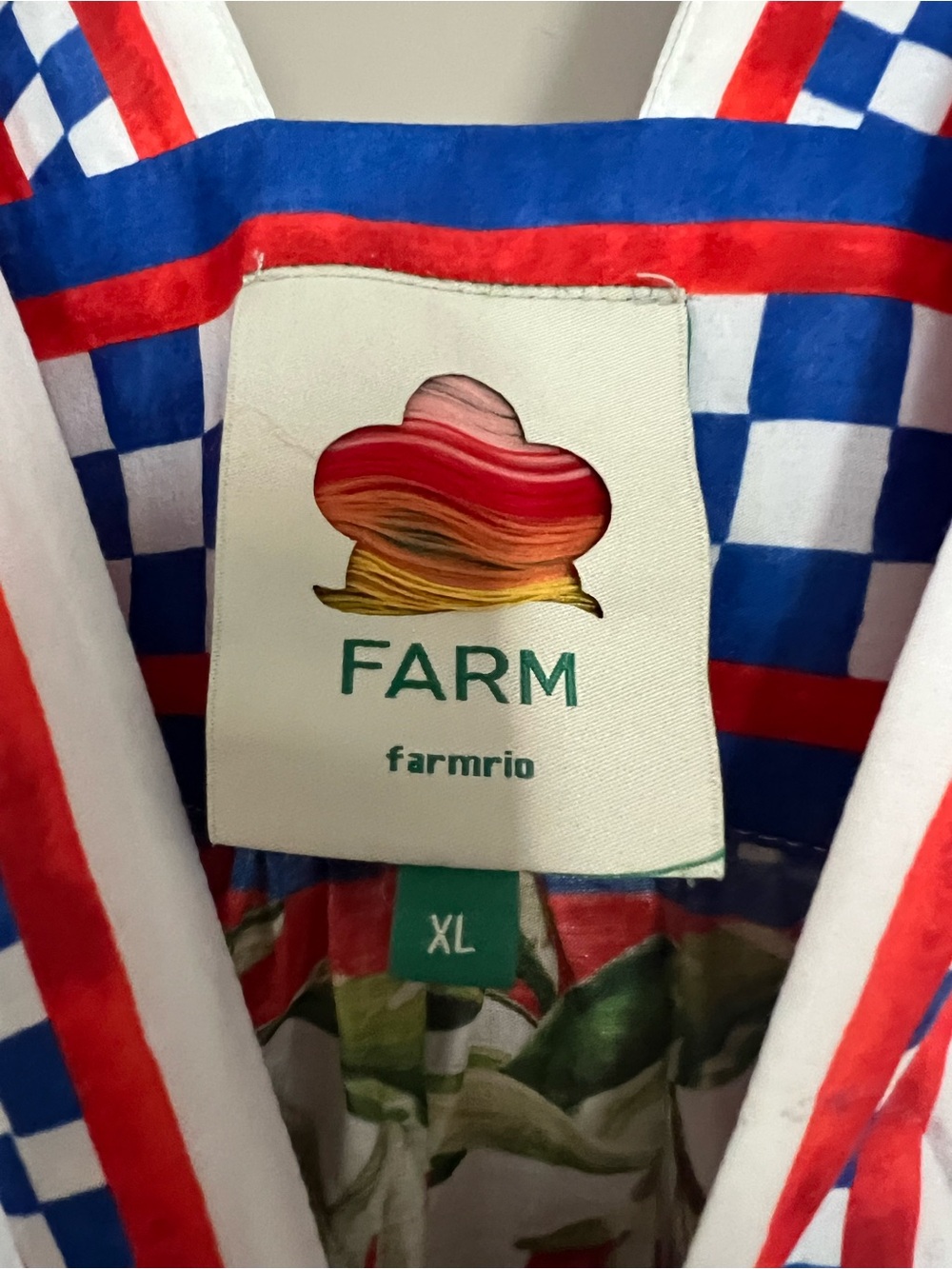 FARM Rio White Maxi Dress with Red Chili Print and Blue Check Accents - Picture 4 of 5